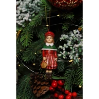 Piros ruhás lány táskával - felfüggeszthető (11 cm)