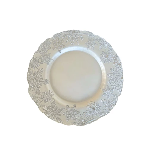 Fehér és ezüst üveg karácsonyi tányér (33 cm)