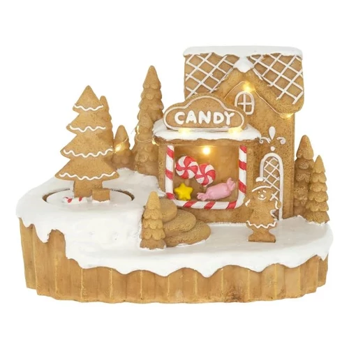 Mézeskalács cukorkabolt mozgó fenyővel, LED-es (19 cm x 12,5 cm x 14 cm)