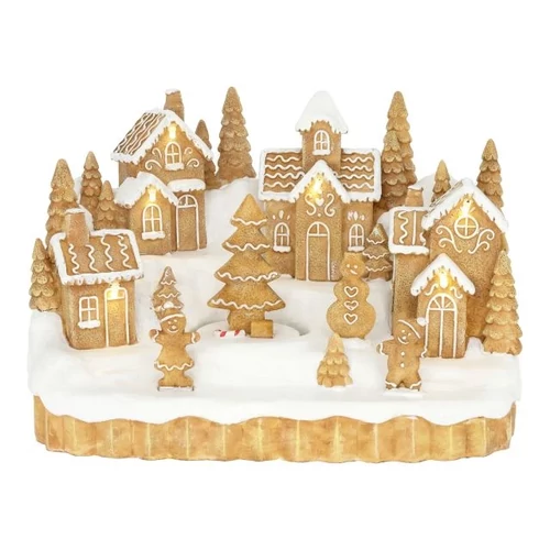 Mézeskalács falu mozgó fenyővel, LED-es (24,5 cm x 16 cm x 16,3 cm)