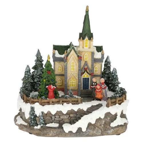 Karácsonyi jelenet templommal, mozgó fenyővel, LED-es (20 cm x 16 cm x 20,5 cm)