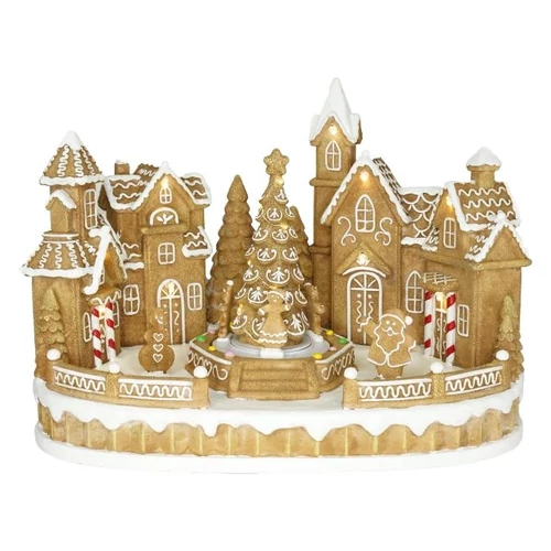 Mézeskalács város figurákkal, mozgó fenyővel, LED-es (31,5 cm x 20,3 cm x 22,5 cm)